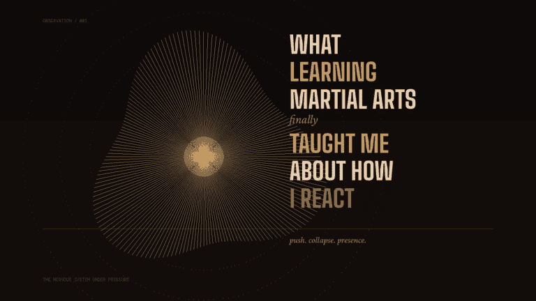 A dark abstract graphic with radiating lines and the words: What Learning Martial Arts Finally Taught Me About How I React — push, collapse, presence.